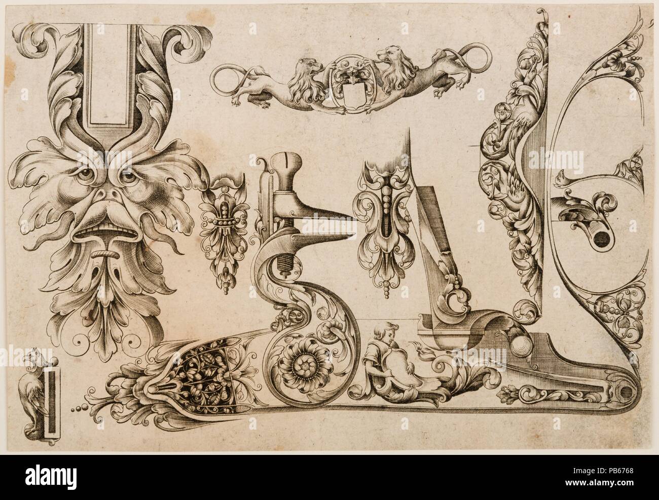 Plate Nine from Plusieurs Models des plus nouuelles manieres qui sont en usage en l'Art de Arquebuzerie. Culture: French, Paris. Dimensions: sheet: 7 1/8 x 5 in. (18.1 x 5 cm). Engraver: C. Jacquinet (French, Paris, active mid-17th century). Publisher: Thuraine (French, Paris, active mid-17th century); Le Hollandois (French, Paris, active mid-17th century). Date: ca. 1660.  Little is known about the royal gunmakers, Thuraine and Le Hollandois, who published the pattern book from which this sheet comes. It remains a rare and important document of Parisian gunmaking and the leading style of fire Stock Photo