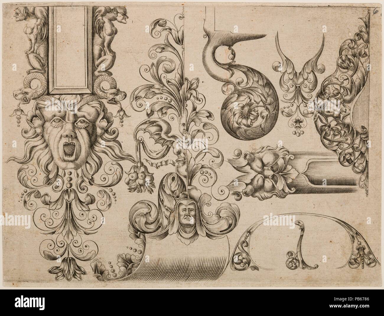 Plate Six from Plusieurs Models des plus nouuelles manieres qui sont en usage en l'Art de Arquebuzerie. Culture: French, Paris. Dimensions: Sheet: 7 1/16 x 5 3/8 in. (17.9 x 13.7 cm). Engraver: C. Jacquinet (French, Paris, active mid-17th century). Publisher: Thuraine (French, Paris, active mid-17th century); Le Hollandois (French, Paris, active mid-17th century). Date: ca. 1660.  Little is known about the royal gunmakers, Thuraine and Le Hollandois, who published the pattern book from which this sheet comes. It remains a rare and important document of Parisian gunmaking and the leading style  Stock Photo