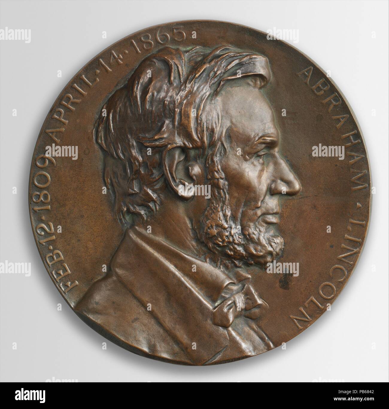 Abraham Lincoln. Artist: Charles Calverley (American, Albany, New York 1833-1914 Essex Fells, New Jersey). Dimensions: Diameter: 10 in. (25.4 cm). Date: 1898.  Calverley, known for his incisive portrait medallions of prominent Americans, cast this bust-length profile medallion of Lincoln in 1898. Calverley reworked it from an earlier rectangular version of 1868, completed three years after the president's assassination. It was exhibited at the Union League Club of New York in 1869 (private collection). Museum: Metropolitan Museum of Art, New York, USA. Stock Photo