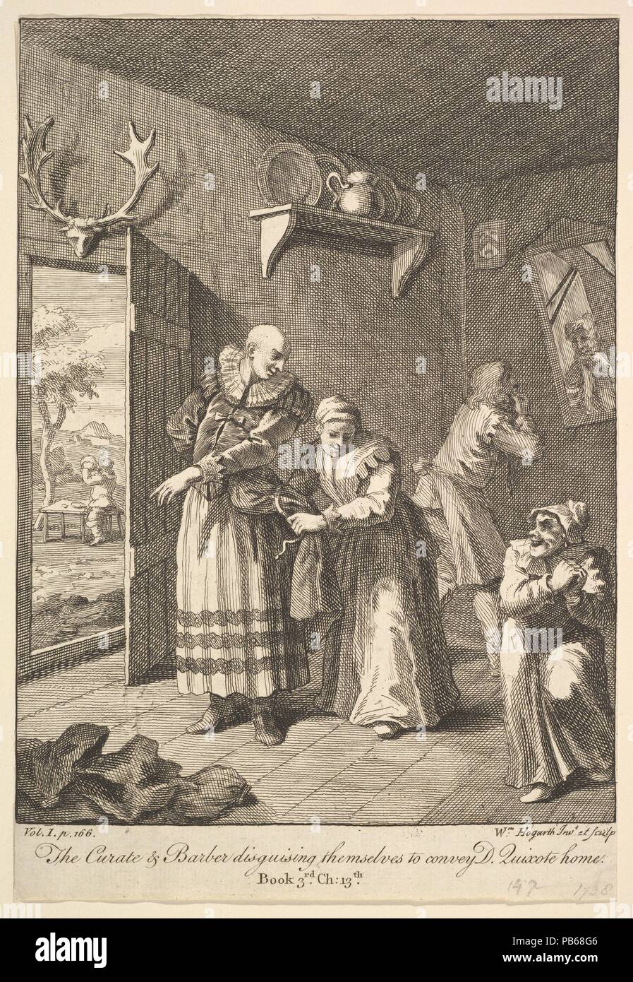 The Curate and Barber Disguising Themselves to Convey Don Quixote Home (Six Illustrations for Don Quixote). Artist: William Hogarth (British, London 1697-1764 London). Author: Illustrates Miguel de Cervantes Saavedra (Spanish, Alcalá 1547-1616 Madrid). Dimensions: sheet: 9 5/8 x 6 11/16 in. (24.5 x 17 cm). Date: 1756 or after. Museum: Metropolitan Museum of Art, New York, USA. Stock Photo