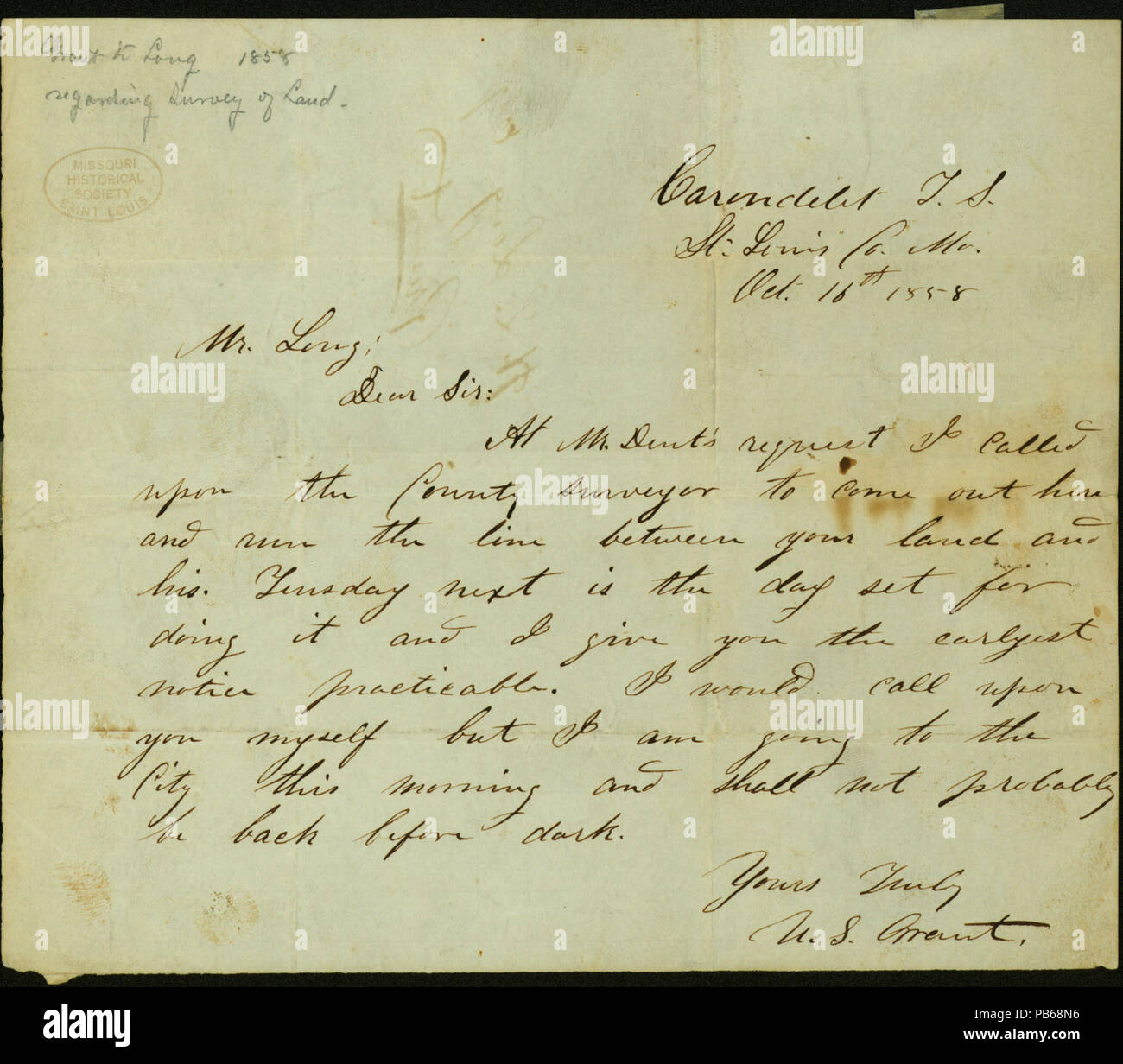 913 Letter signed U.S. Grant, Carondelet, St. Louis Co., Mo., to Mr. Long (John F. Long), October 16, 1858 Stock Photo