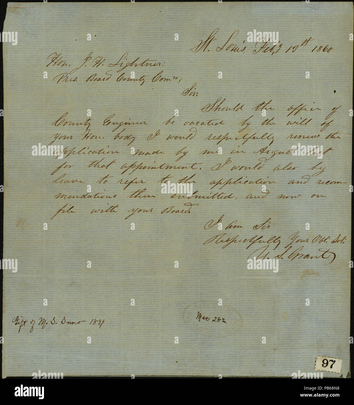 913 Letter signed U.S. Grant, St. Louis, to Hon. J.H. Lightner, February 13, 1860 Stock Photo