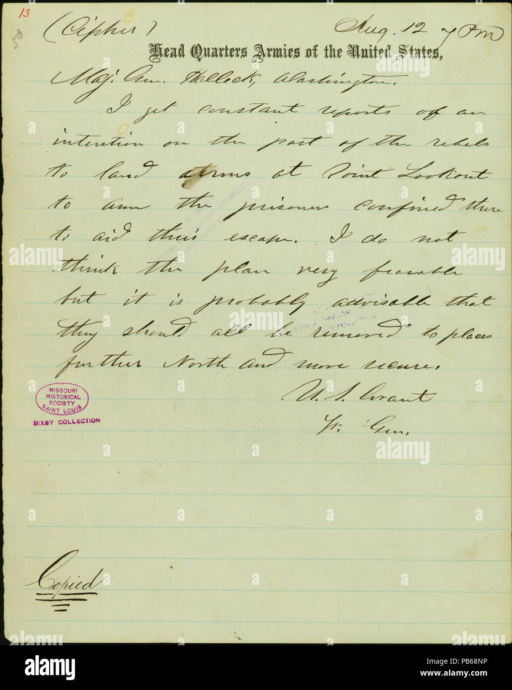 913 Letter signed U.S. Grant, Head Quarters Armies of the United States, to Maj. Gen. Halleck, Washington, August 12, 1864 Stock Photo