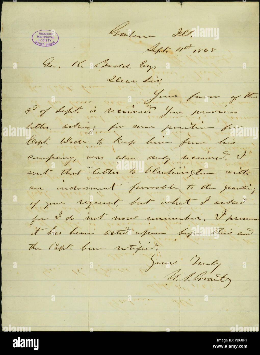 913 Letter signed U.S. Grant, Galena, Ill., to Geo. K. Budd (George K. Budd), September 11, 1868 Stock Photo