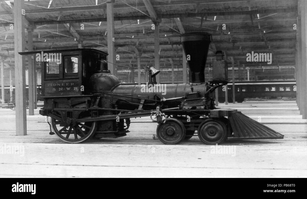 . Pioneer locomotive Chicago and North Western Railway. First locomotive to run out of Chicago. Sharpened, slightly brightened, and cropped from original by uploader. circa 1898 1198 Pioneer CNW 4-2-0 Stock Photo