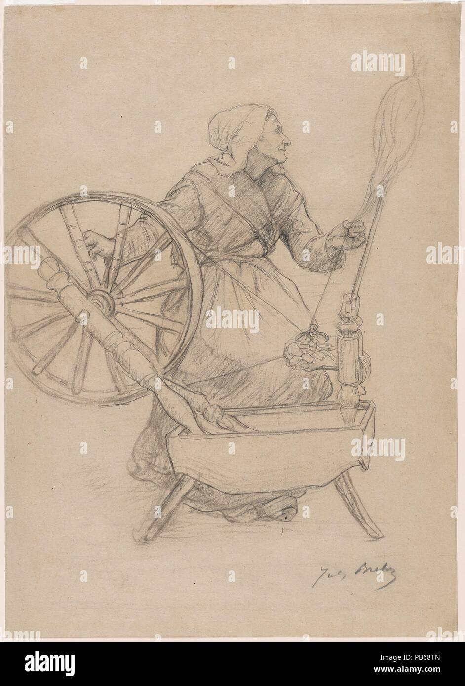 Woman at the Spinning Wheel. Artist: Jules Breton (French, Courrières 1827-1906 Paris). Dimensions: Sheet: 18 1/2 × 13 3/8 in. (47 × 34 cm). Date: 1884.  Devoted to his native region of Artois in Northern France, Breton found success as a realist painter depicting rural life there. This elderly spinner appears in the lower left of his painting Le Dernier Rayon (The Last Ray of Sunshine), 1885 (current location unknown). Breton's wife, Elodie, recorded that her husband began this drawing early in the morning on March 24, 1884, sketching a local woman by the name of Colette. Breton depicts her l Stock Photo