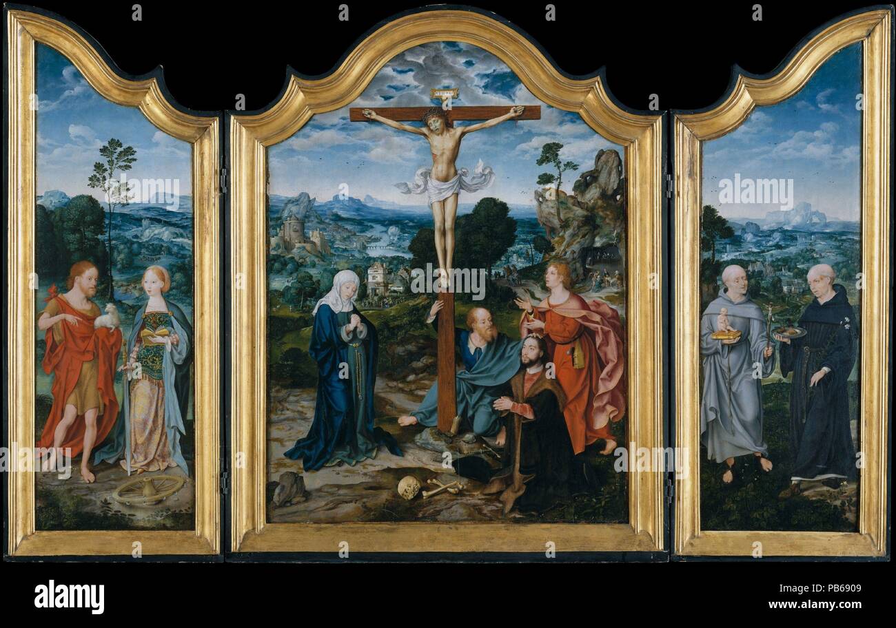 The Crucifixion with Saints and a Donor. Artist: Joos van Cleve (Netherlandish, Cleve ca. 1485-1540/41 Antwerp) and a collaborator. Dimensions: Shaped top: central panel, painted surface 38 3/4 x 29 1/4 in. (98.4 x 74.3 cm); each wing, painted surface 39 3/4 x 12 7/8 in. (101 x 32.7 cm). Date: ca. 1520.  In this splendid triptych the talents of a landscape specialist have been combined with those of the figurative painter Joos van Cleve. The setting for the Crucifixion, witnessed by the Virgin, Saint John and the donor with his patron Saint Paul, is a vast landscape whose style is indebted to  Stock Photo