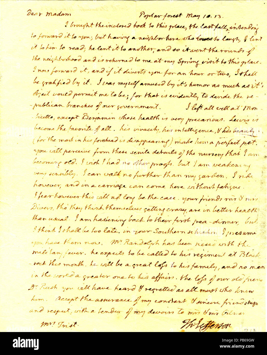 904 Letter from Thomas Jefferson, Poplar Forest, to Mrs. (Elizabeth) Trist, May 10, 1813 Stock Photo