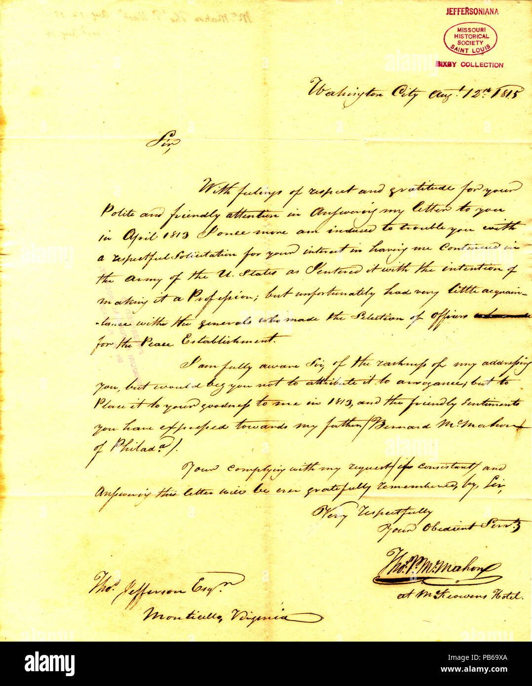 913 Letter signed Thomas P. McMahon, Washington City, to Thomas Jefferson, August 12, 1815 Stock Photo