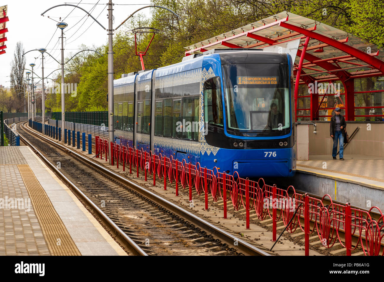 Lviv tram on route number 1, in the city of Kiev at the Polytechnic Institute station, May 2018 Stock Photo