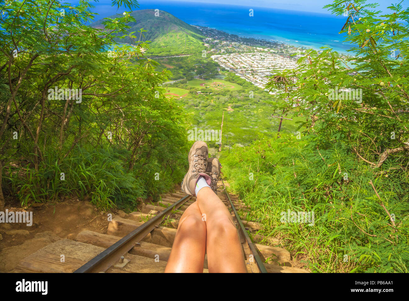 Legs of traveler sitting at the beginning of 1048 steps of popular