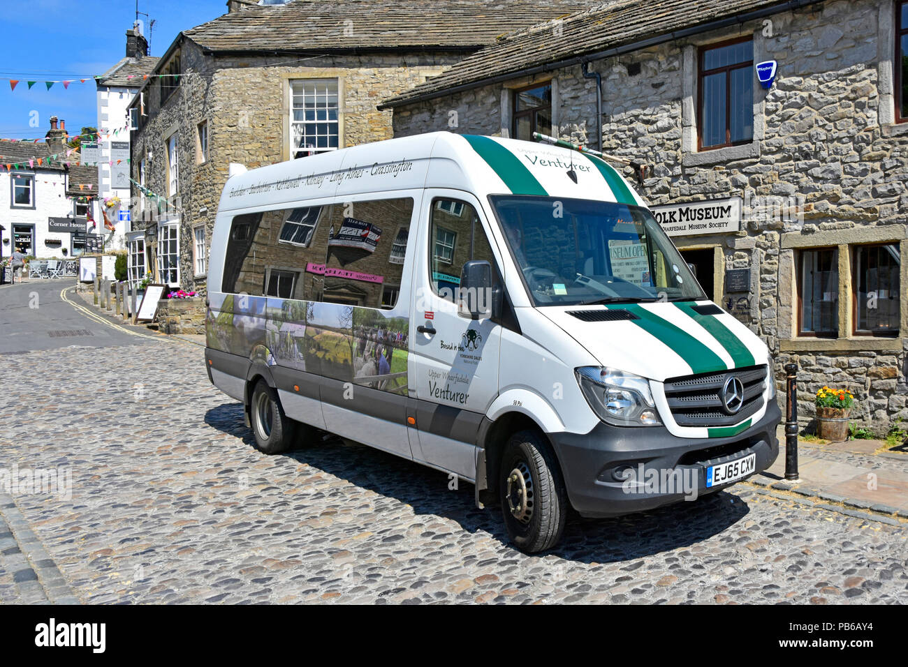 Grassington stop for Venturer mini-bus serves Buckden Starbotton Kettlewell Kilnsey Long Ashes villages in Upper Wharfedale North Yorkshire England UK Stock Photo