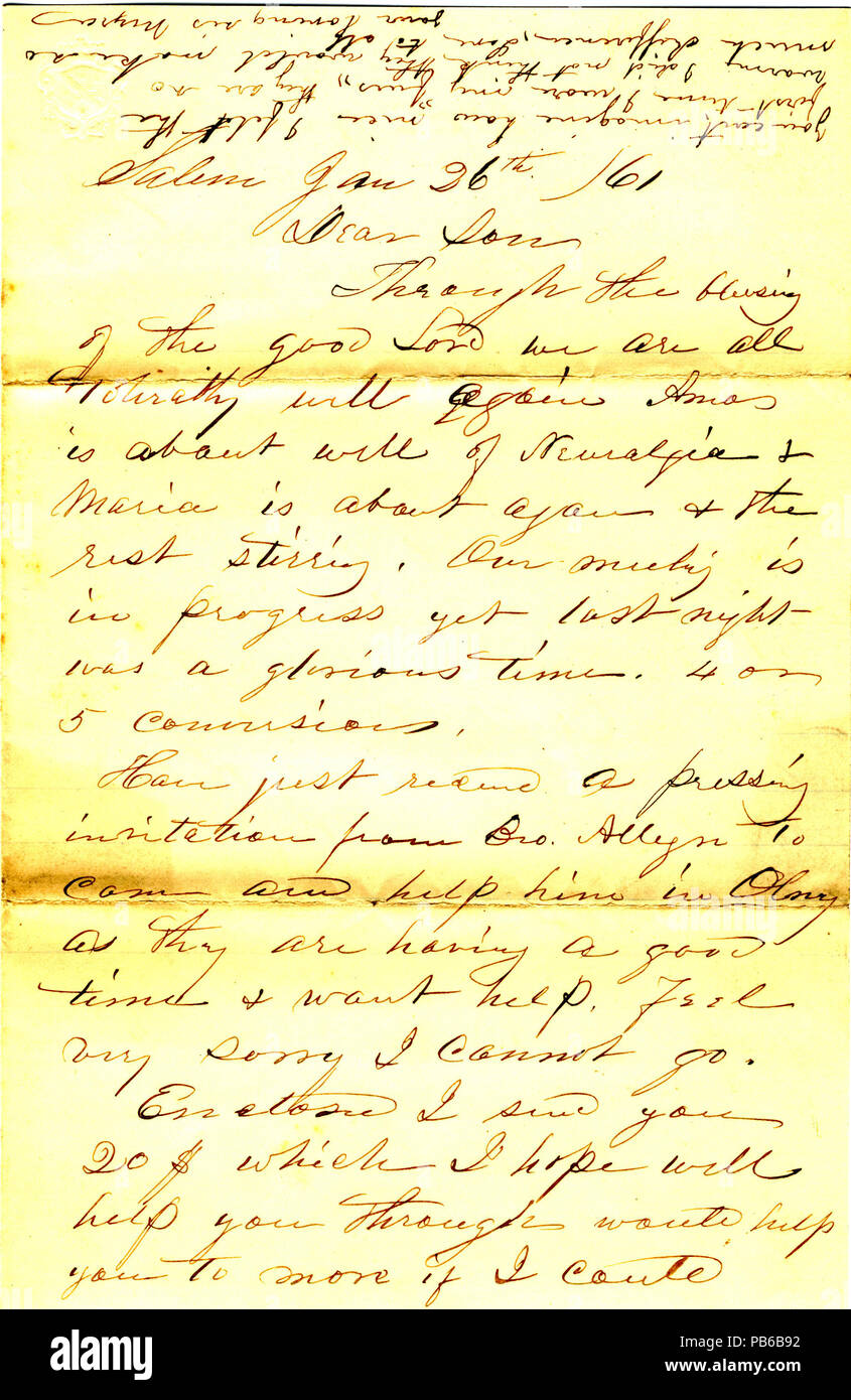 911 Letter signed N. Hawley, Salem, Illinois, to son, January 26, 1861 Stock Photo