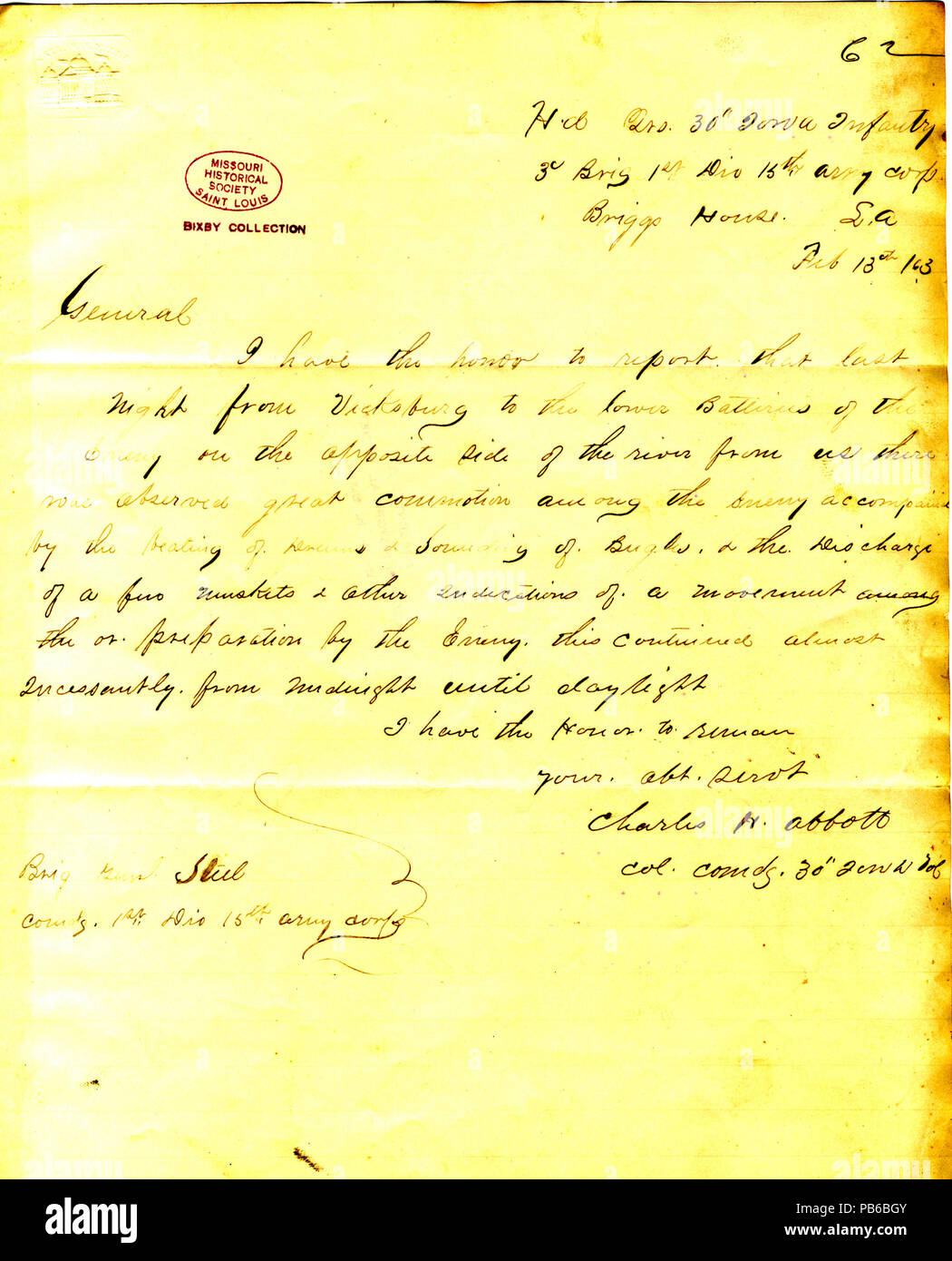 900 Letter from Charles H. Abbott, headquarters, 30th Iowa Infantry, 3rd Brigade, 1st Division, 15th Army Corps, Briggs House, Louisiana, to Brigadier General Steele, February 13, 1863 Stock Photo