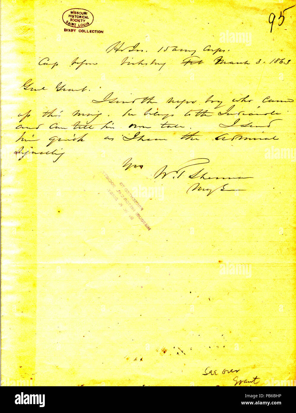 1119 Note from W. T. Sherman, headquarters, 15th Army Corps, camp before Vicksburg, to General Grant, March 3, 1863 Stock Photo