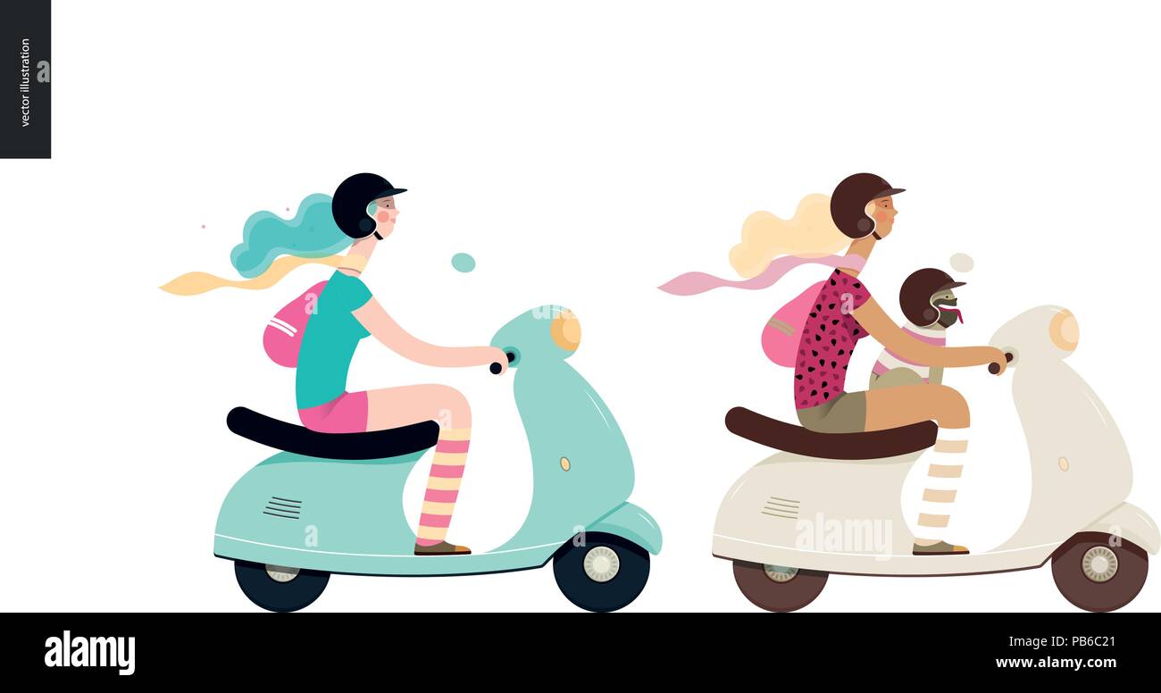 Girl on a scooter - two flat vector concept illustrations of a girl wearing  helmet riding a scooter, a french bulldog on her lap wearing small helmet  Stock Vector Image & Art -