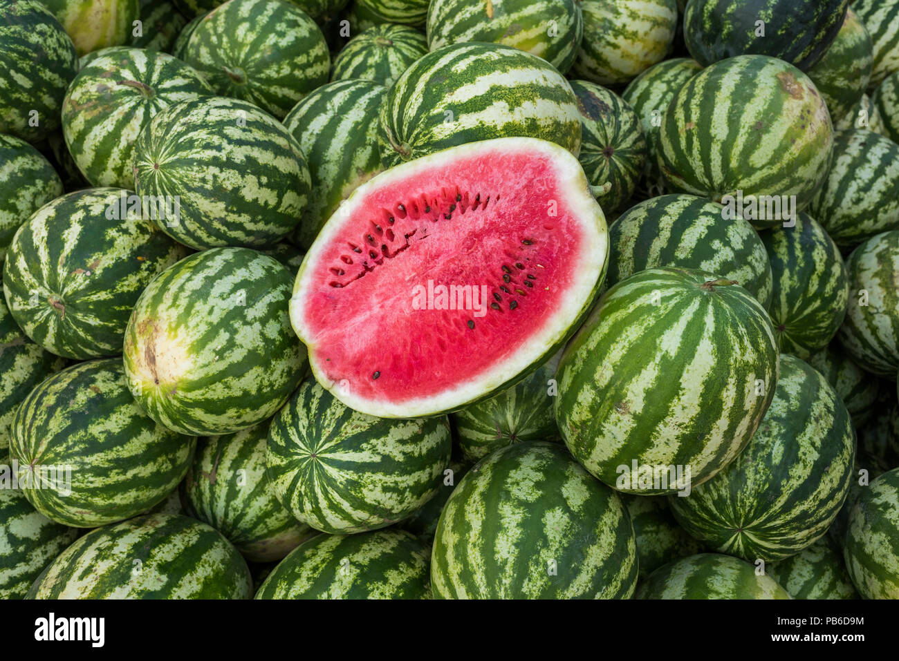 Cutted ripe watermelon on the market Stock Photo
