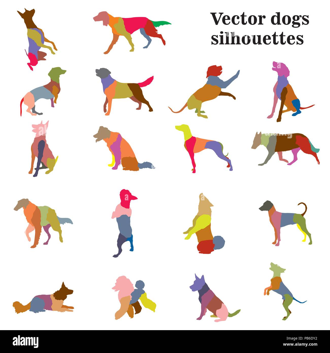 Vector set of colorful mosaic different breeds dogs silhouettes in motion- sitting, standing, lying, walking in profile isolated on white background. Stock Vector