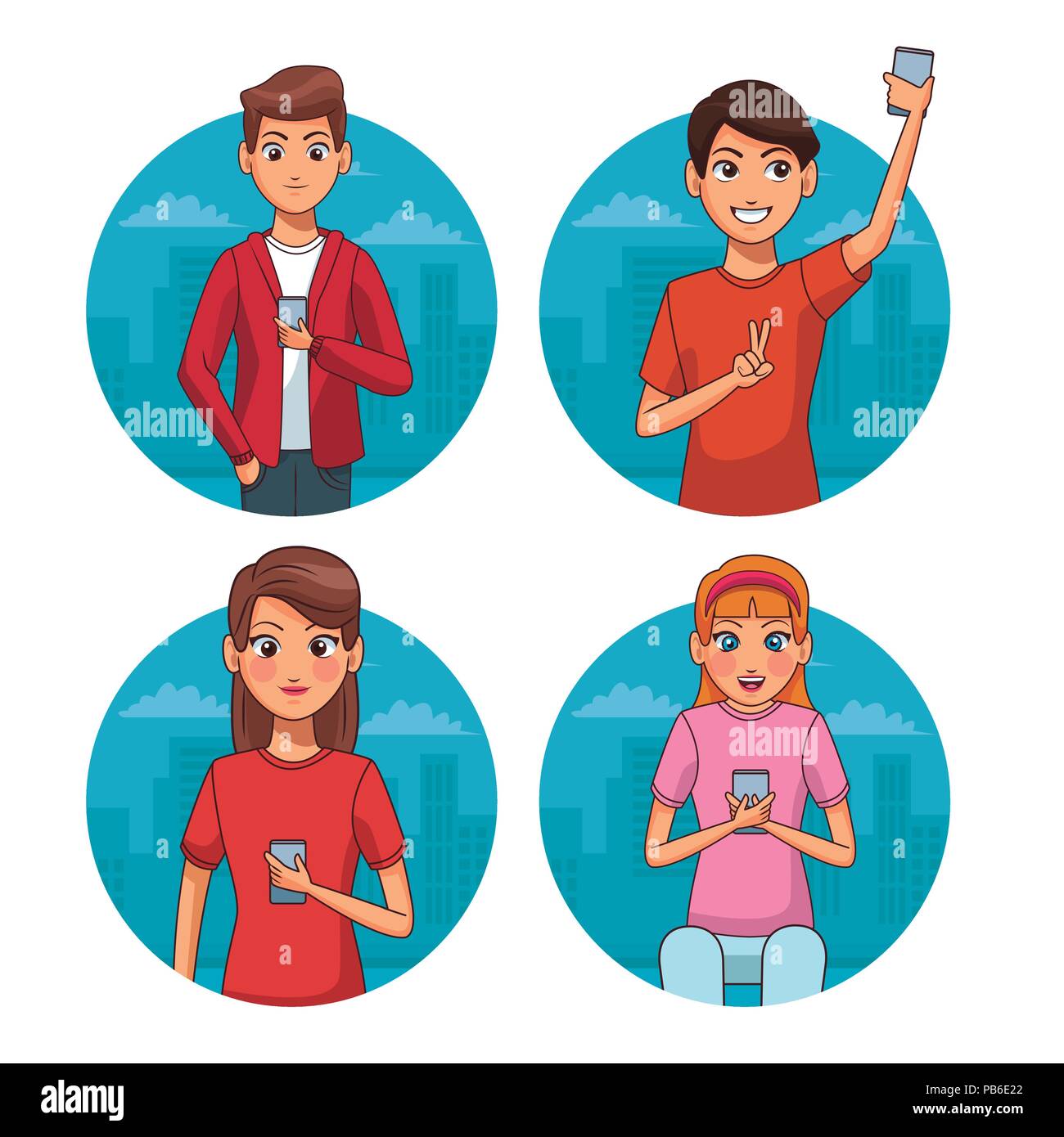 Set of youngs with smartphones round icons vector illustration graphic ...