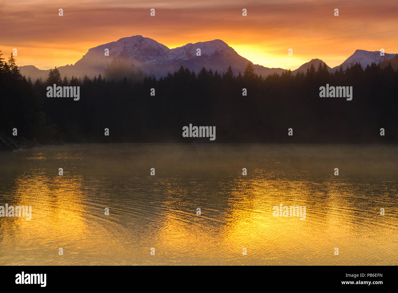 Amazing sunrise of Hintersee lake of Bavarian Alps on the Austrian border, Germany, Europe Stock Photo