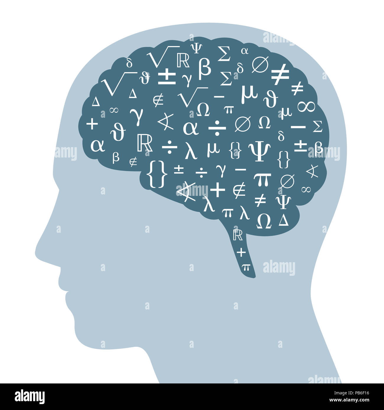 Mathematical symbols in a dark gray brain and silhouette of a head. Some symbols from mathematics, white colored, in a darker brain area. Stock Photo