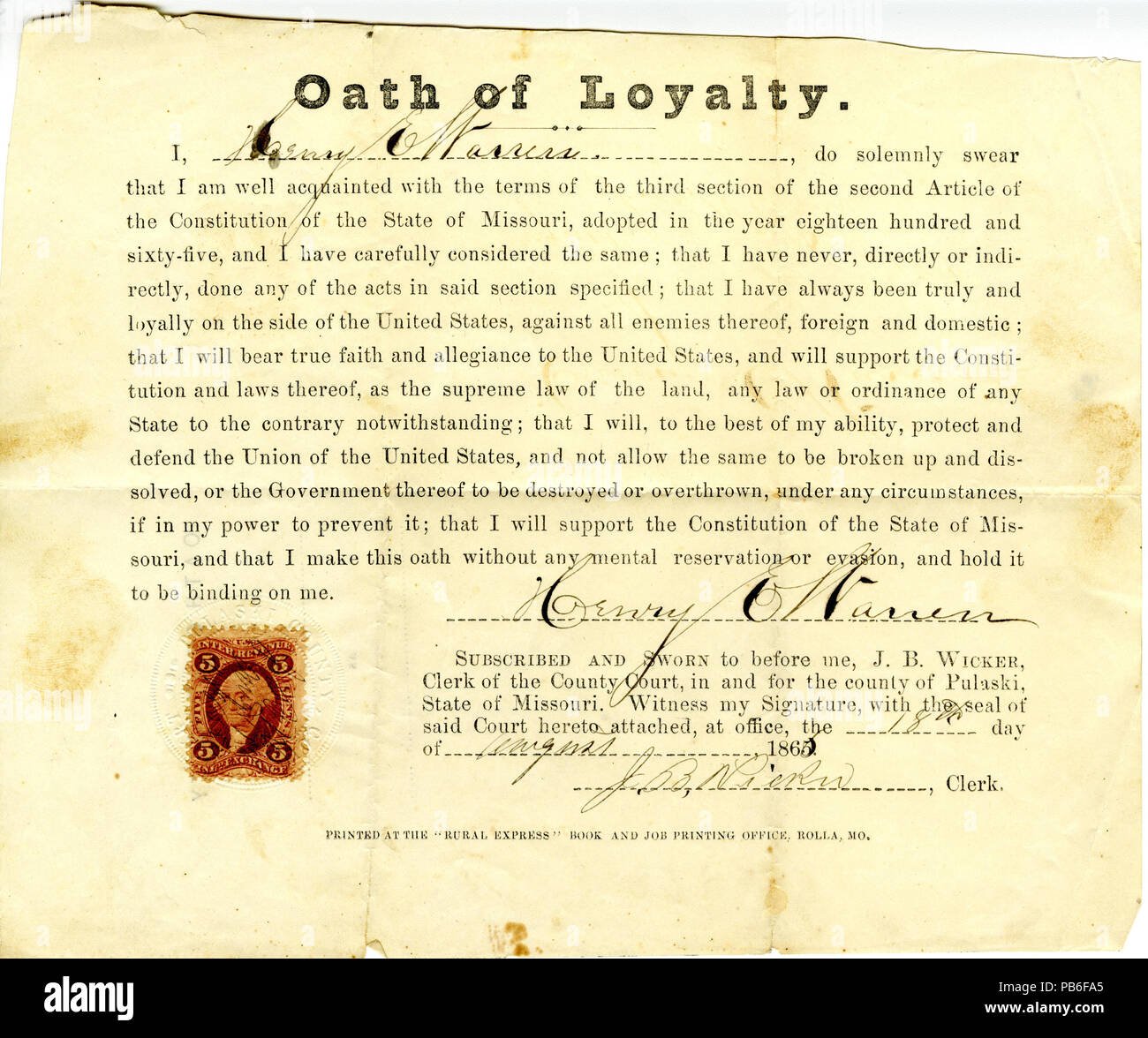 948 Loyalty oath of Henry E. Warren, August 18, 1865 Stock Photo