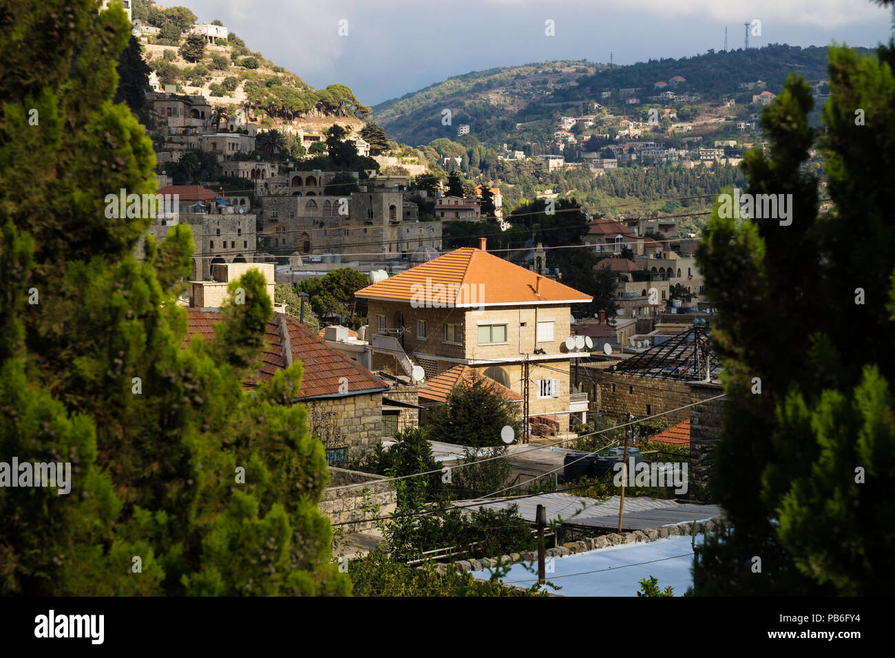 View over Deir el Qamar houses along the mountain with pine trees