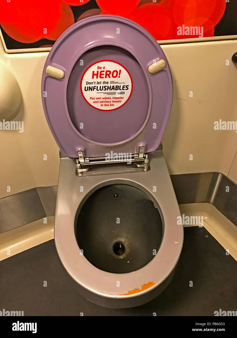 Virgin Trains talking toilet, Pendolino, Voyager train - Be a Hero Dont let the unflushables win ! Stock Photo