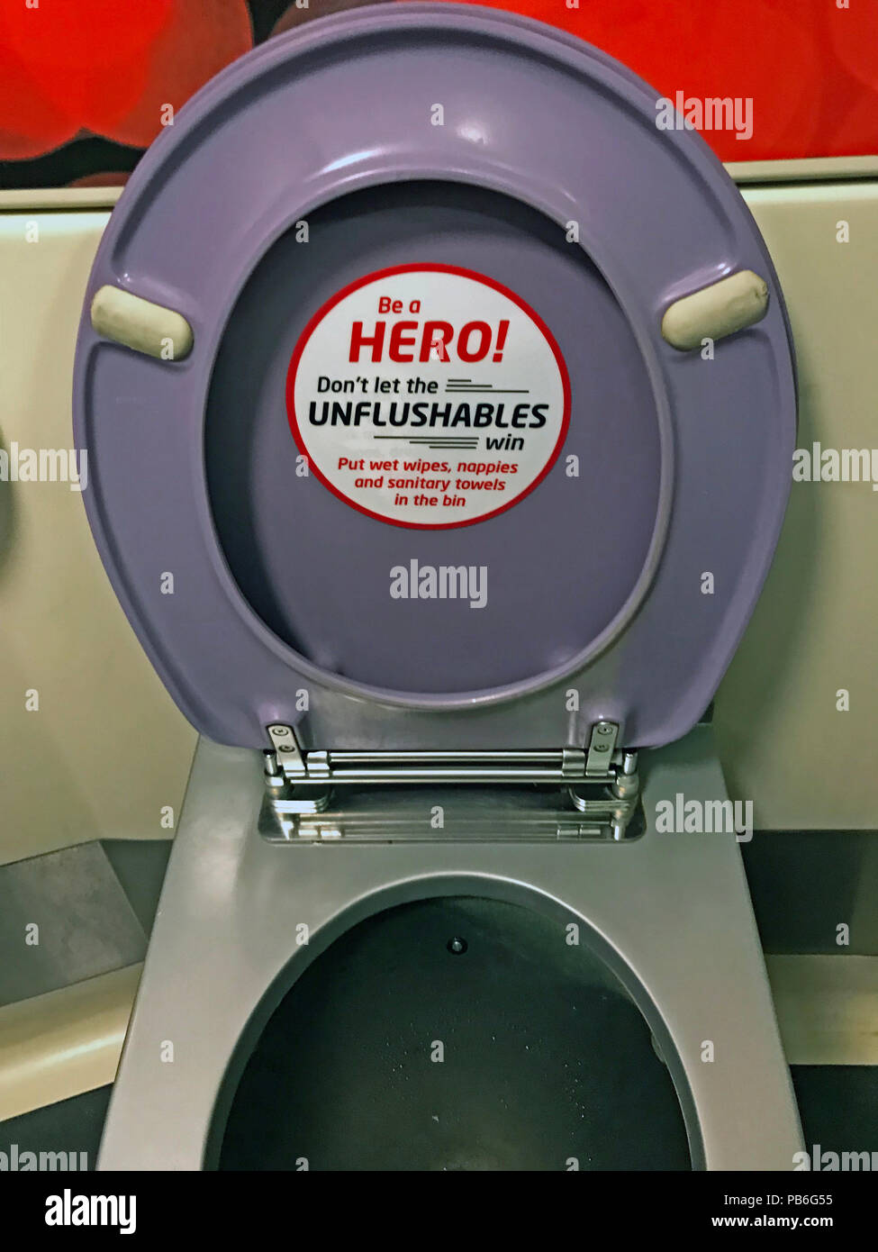 Virgin Trains talking toilet, Pendolino, Voyager train - Be a Hero Dont let the unflushables win ! Stock Photo