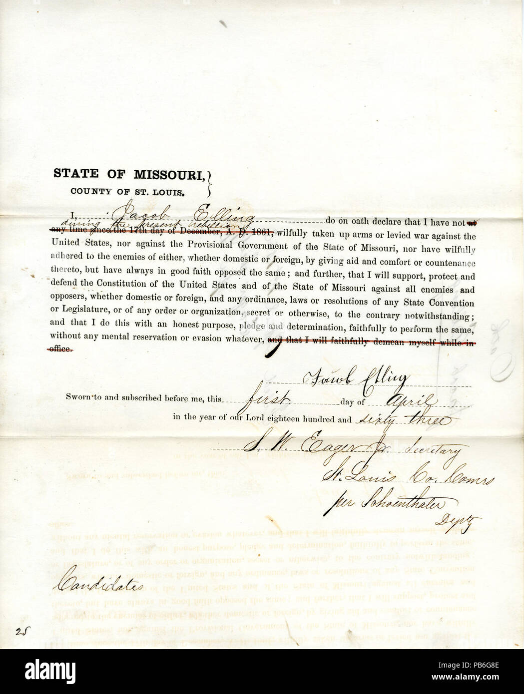 949 Loyalty oath of Jacob Elling of Missouri, County of St. Louis Stock Photo