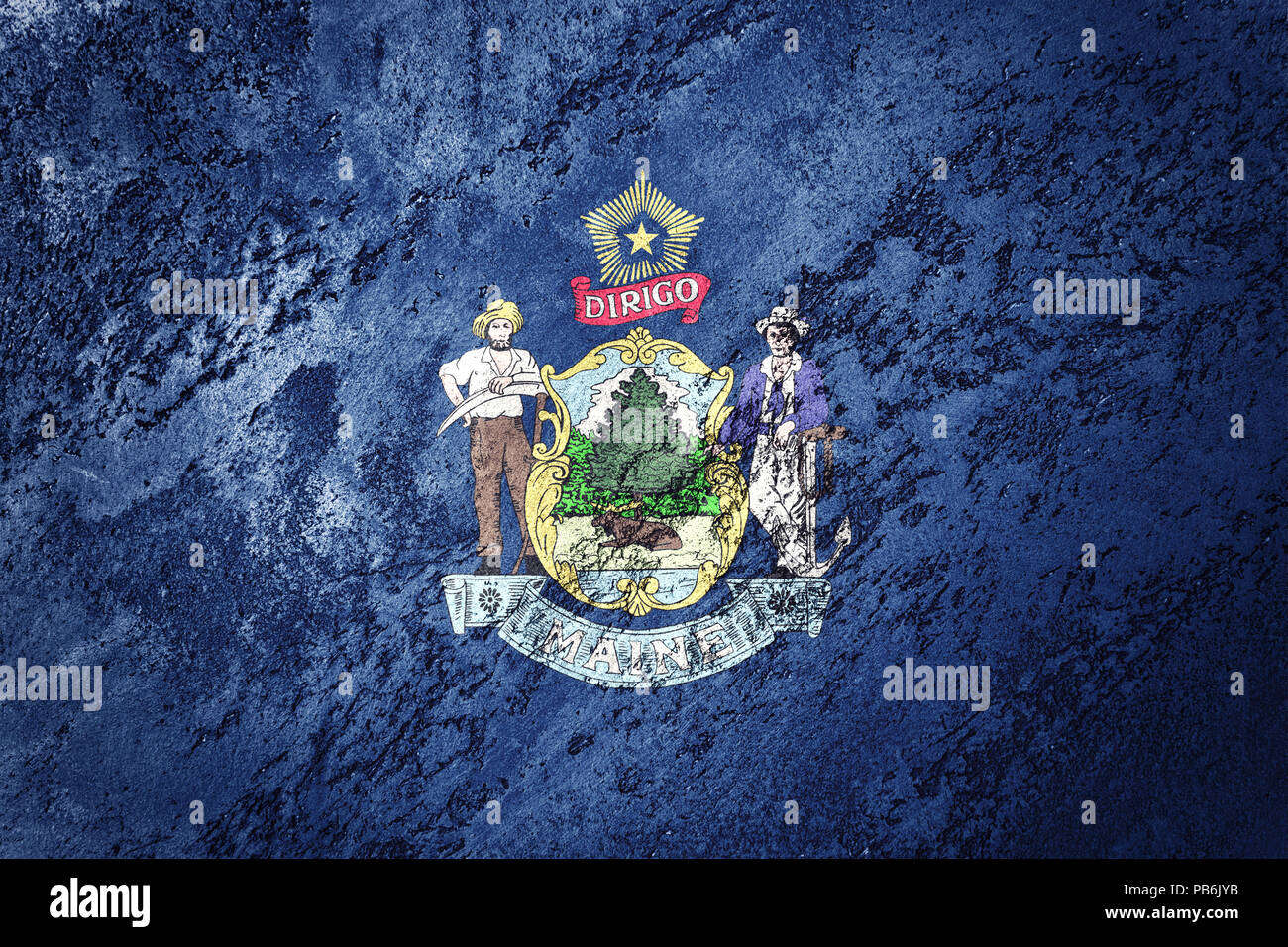 Grunge Maine state flag. Maine flag background grunge texture Stock