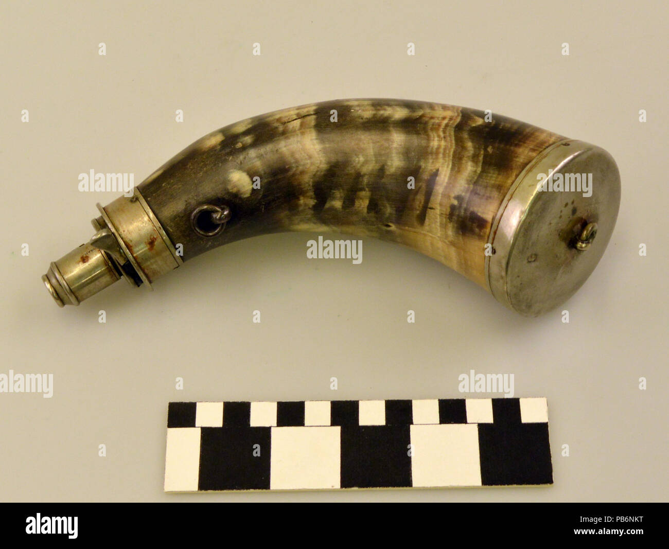 1223 Powder Horn with Silver Fixtures by G and J.W. Hawksley Stock Photo