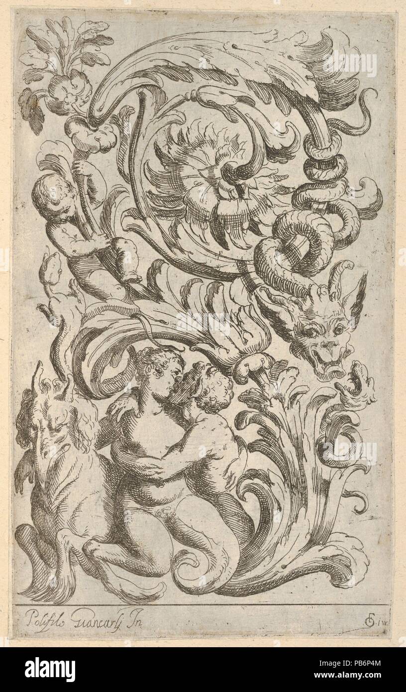Disegni Varii di Polifilo Zancarli. Artist: Polifilo Giancarli (active in Venice ca. 1600-1625); Odoardo Fialetti (Italian, Bologna 1573-1637/38 Venice). Dimensions: Plate: 9 5/16 x 5 11/16 in. (23.6 x 14.4 cm). Published in: Venice. Publisher: Tasio Giancarli (Italian, active in Venice (?) ca. 1625). Date: 1628 before.  Vertical panel design with an acanthus rinceau with various figures interspersed between the scrolls. On the lower left a satyr and a female hybrid creature are kissing while seated on the back of a fantastical creature with horns and a birds beak. A putto looks down on them f Stock Photo