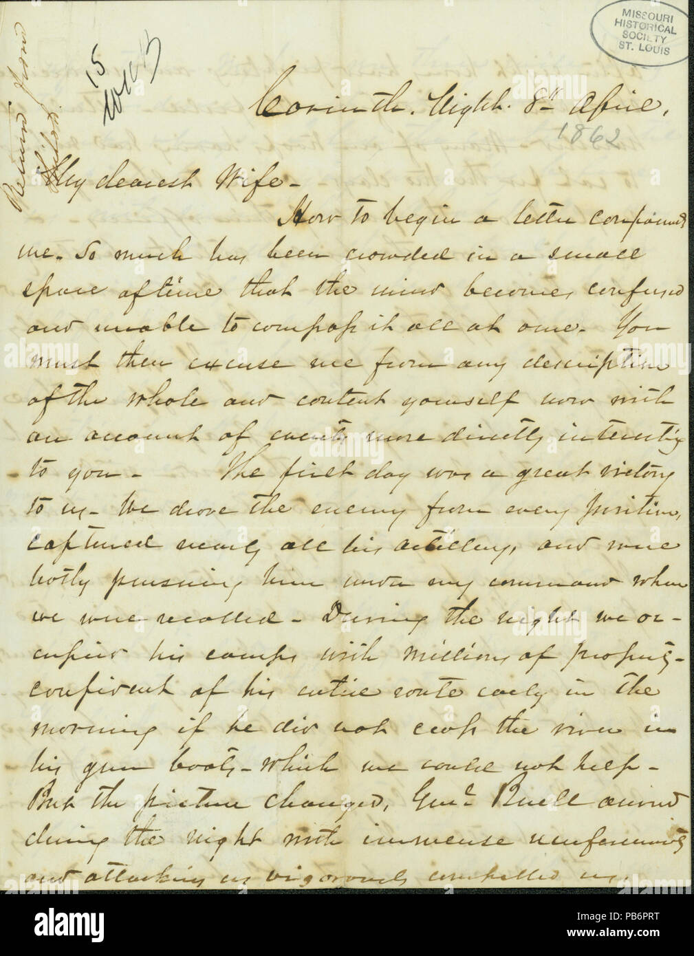 905 Letter signed Braxton Bragg, Corinth, Mississippi, to his wife, April 8, (1862) Stock Photo