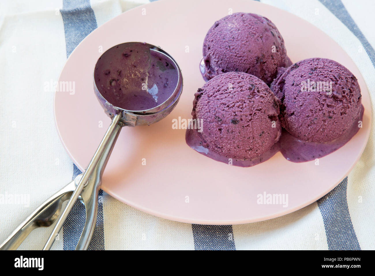 https://c8.alamy.com/comp/PB6PWN/blueberry-ice-cream-balls-with-icecream-scoop-on-a-pink-plate-over-striped-napkin-side-view-closeup-PB6PWN.jpg