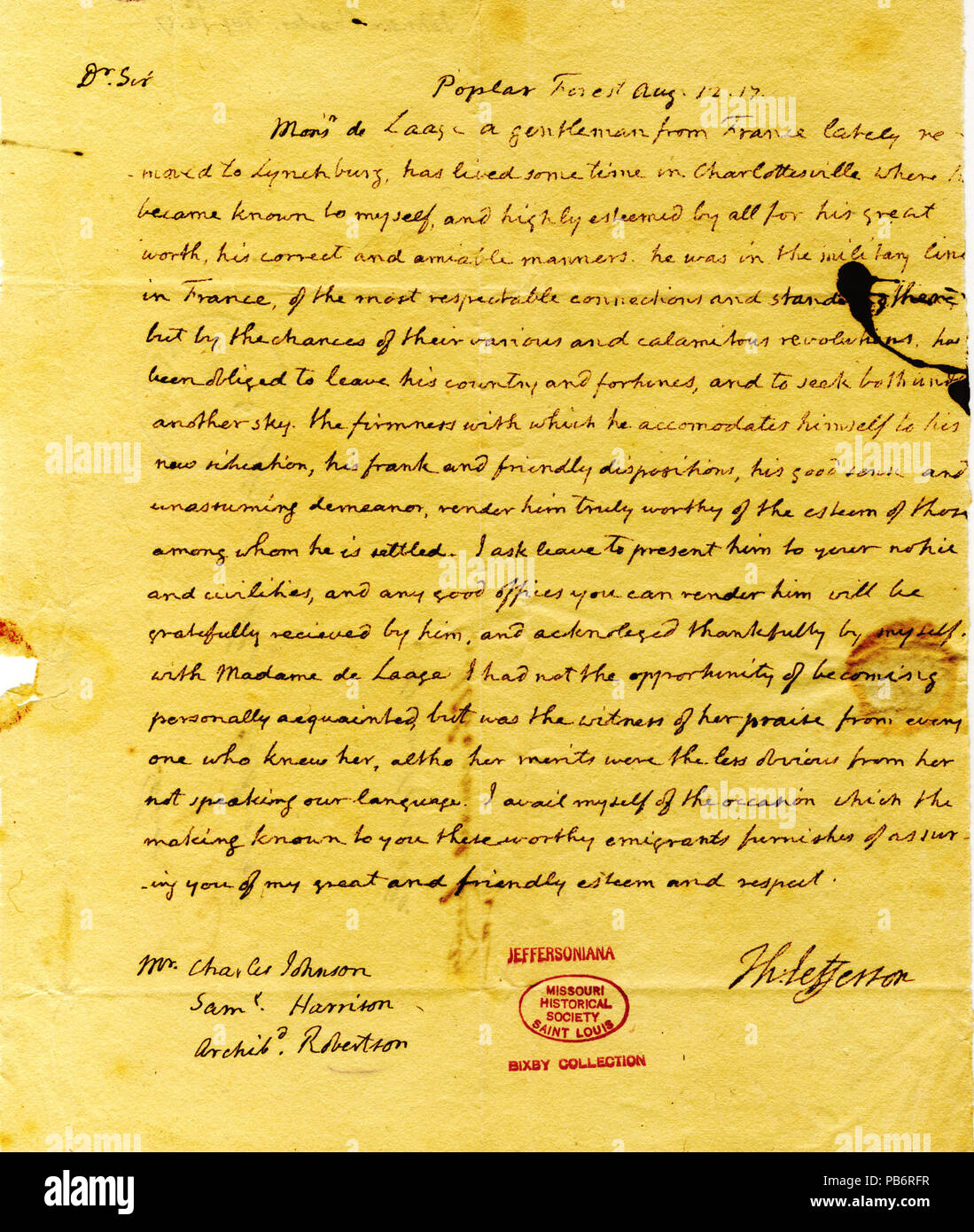 913 Letter signed Thomas Jefferson, Poplar Forest, to Charles Johnson, Samuel Harrison, and Archibald Robertson, August 12, 1817 Stock Photo