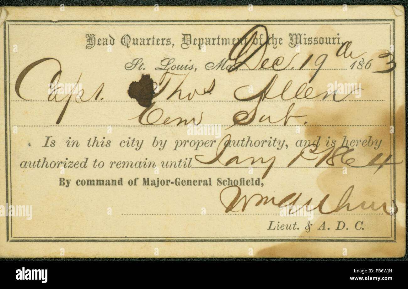 1044 Military pass signed William Anhur, Head Quarters, Department of ...