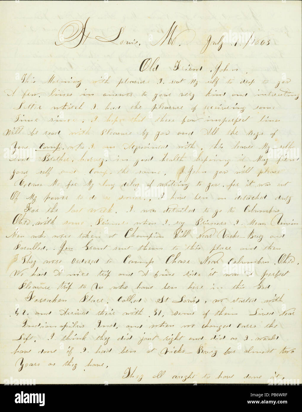 912 Letter signed Thomas Bevel, St. Louis, Mo., to John, July 1, 1863 Stock Photo