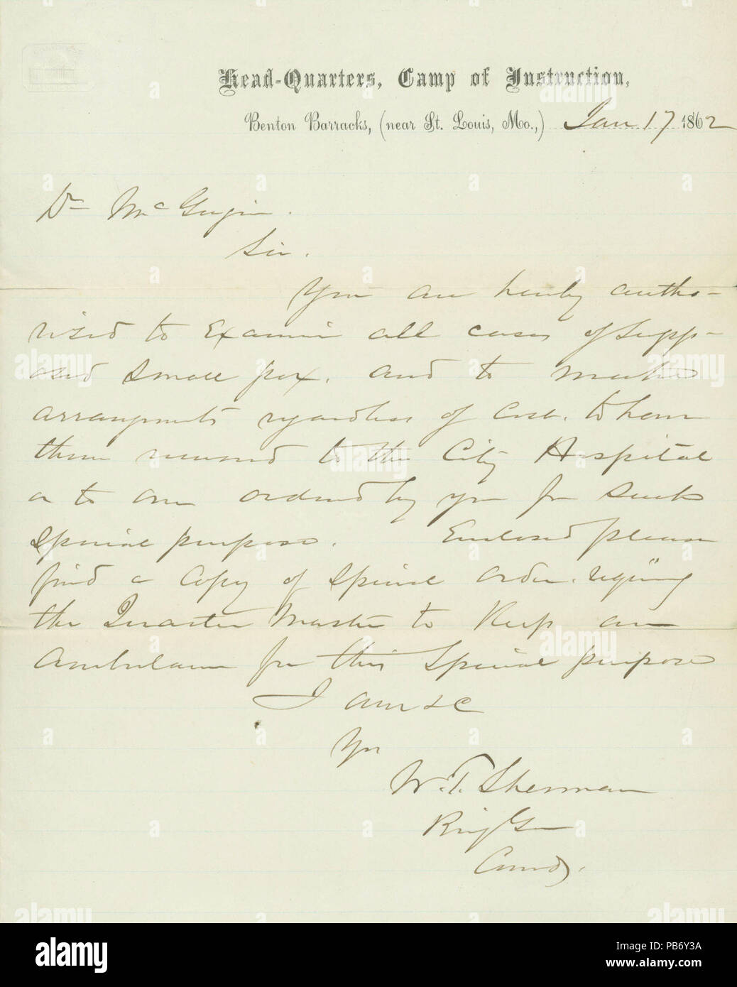 914 Letter signed W.T. Sherman, Head Quarters, Camp of Instruction