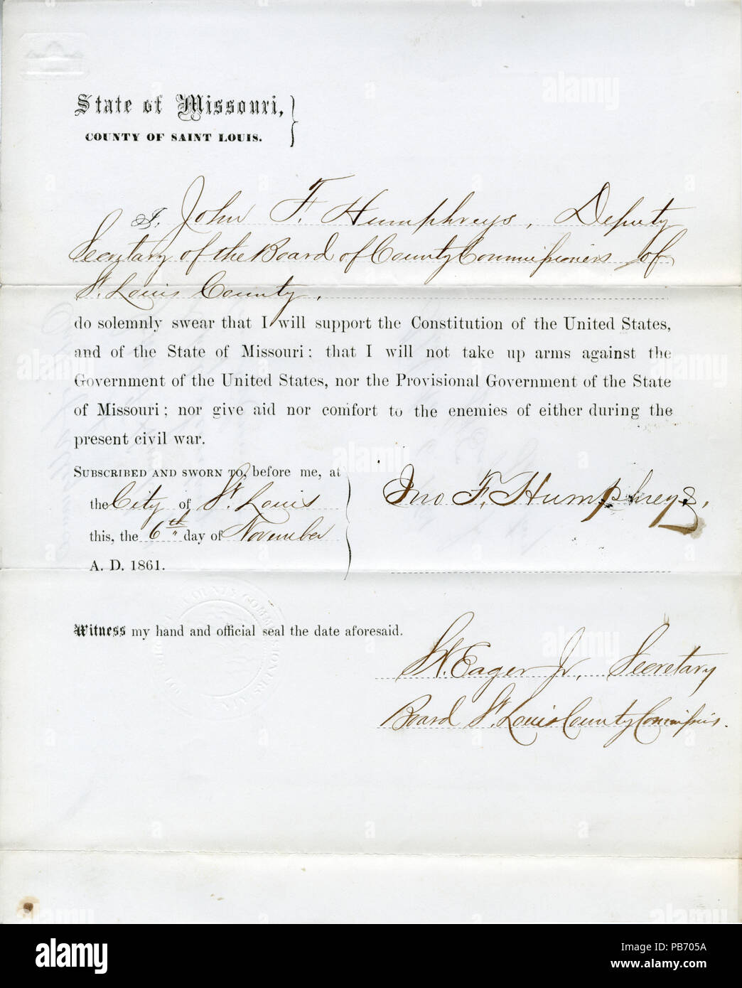 950 Loyalty oath of John F. Humphreys of Missouri, County of St. Louis