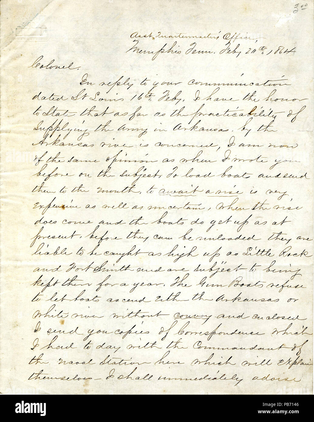 Letter from J.V. Lewis, Asst. Quartermaster’s Office, Memphis, Tenn., to Colonel Lewis B. Parsons, St. Louis, Mo., discussing the practicality of supplying the army in Arkansas by the Arkansas River, page one, 1864-02-26. Civil War Collection, Missouri History Museum, St. Louis, Missouri. 909 Letter signed J.V. Lewis, Asst. Quartermaster’s Office, Memphis, Tenn., to Colonel Lewis B. Parsons, St. Louis, Mo., February 26, 1864 Stock Photo