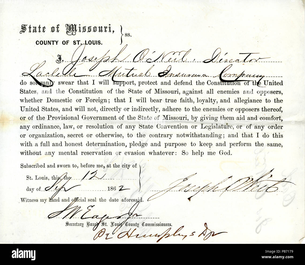 952 Loyalty oath of Joseph O'Neil, Director Laclede Mutual Insurance Company, of Missouri, County of St.Louis Stock Photo