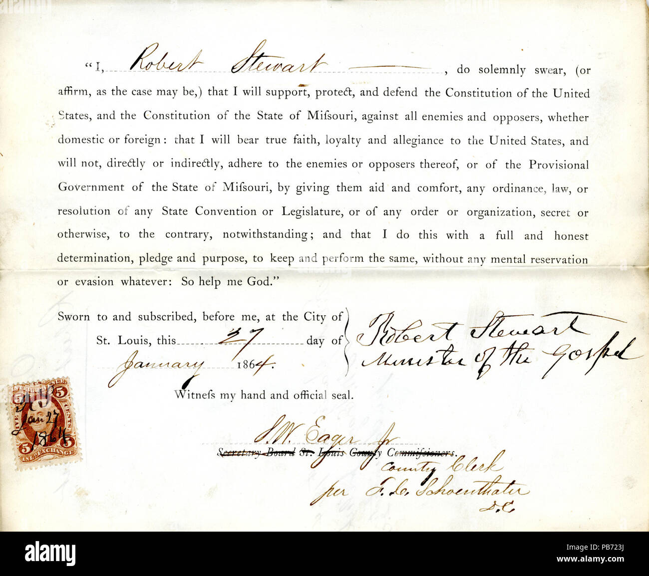 954 Loyalty oath of Robert Stewart of Missouri, County of St. Louis Stock Photo