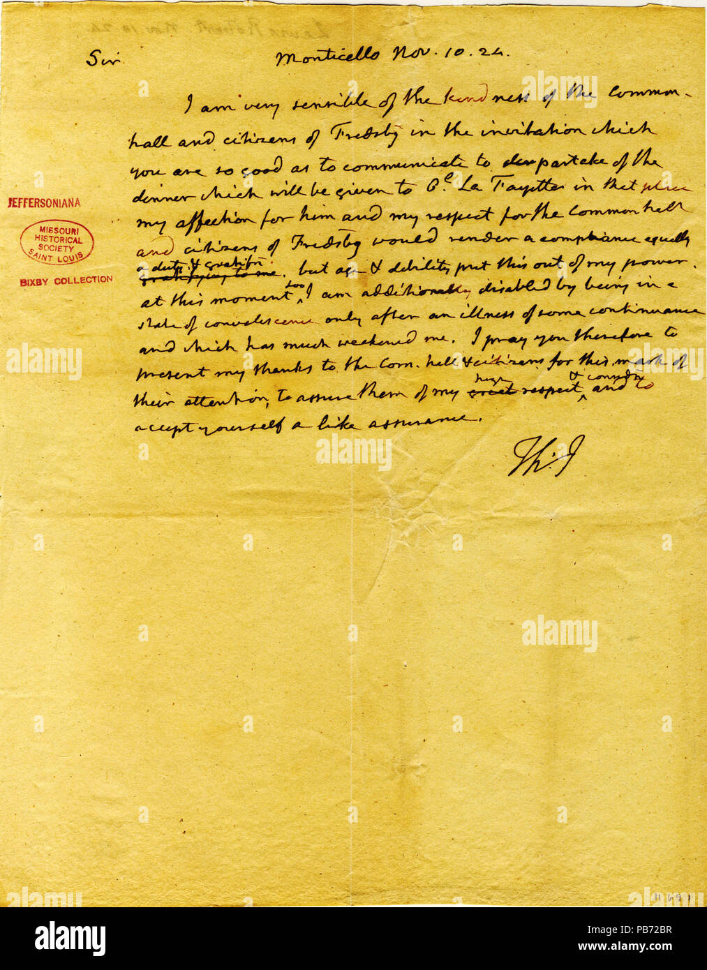 912 Letter signed Thomas Jefferson (initials only), Monticello, to ...