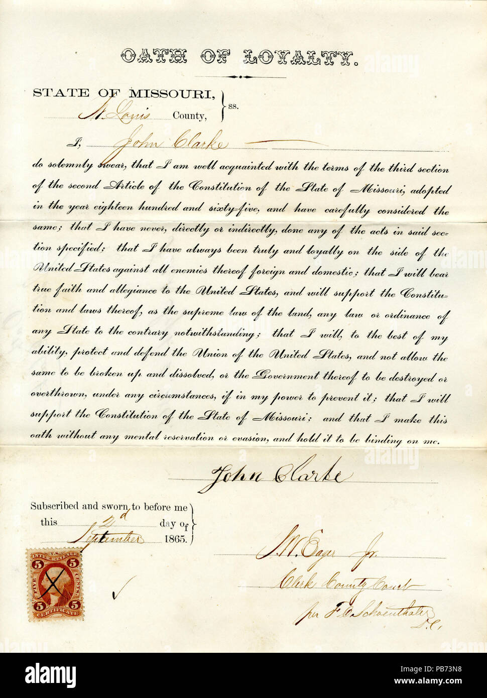 950 Loyalty oath of John Clarke of Missouri, County of St. Louis Stock Photo