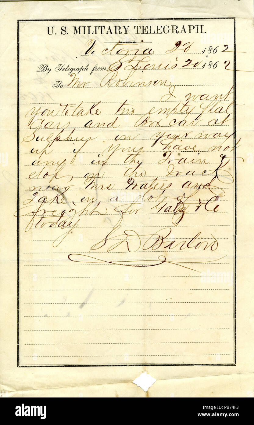 1786 U.S. Military telegraph of S.D. Barlan, St. Louis, to Mr. Robinson, January 20, 1862 Stock Photo