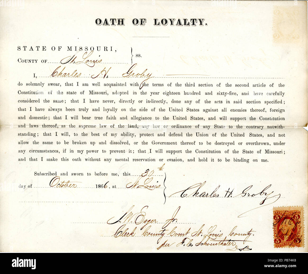 945 Loyalty oath of Charles H. Groby of Missouri, County of St. Louis Stock Photo