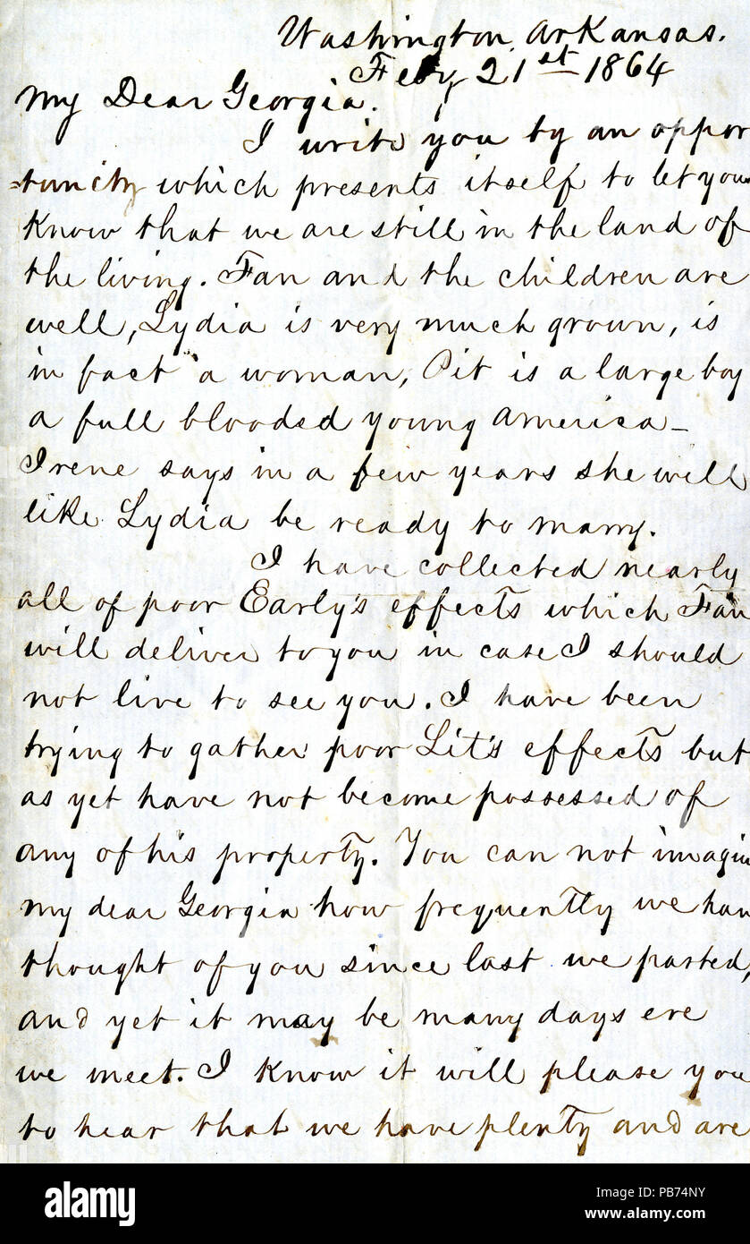913 Letter signed Tom Rector, Washington, Arkansas, to Mrs. Georgiana A. Steen, Carondelet, Missouri, February 21, 1864 Stock Photo