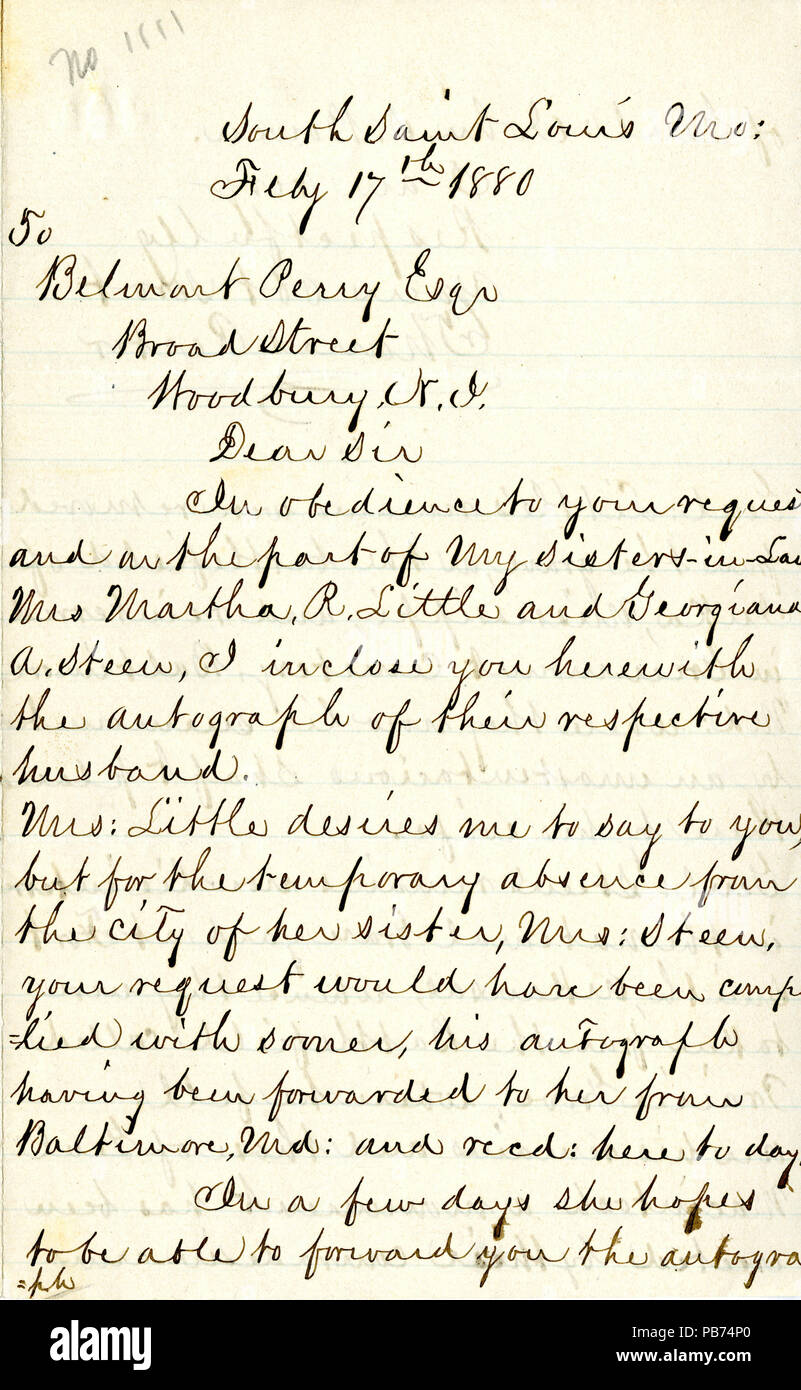 913 Letter signed Thomas Rector, South Saint Louis, Mo., to Belmont Perry, Esq., Broadstreet, Woodbury, N.J., February 17, 1880 Stock Photo