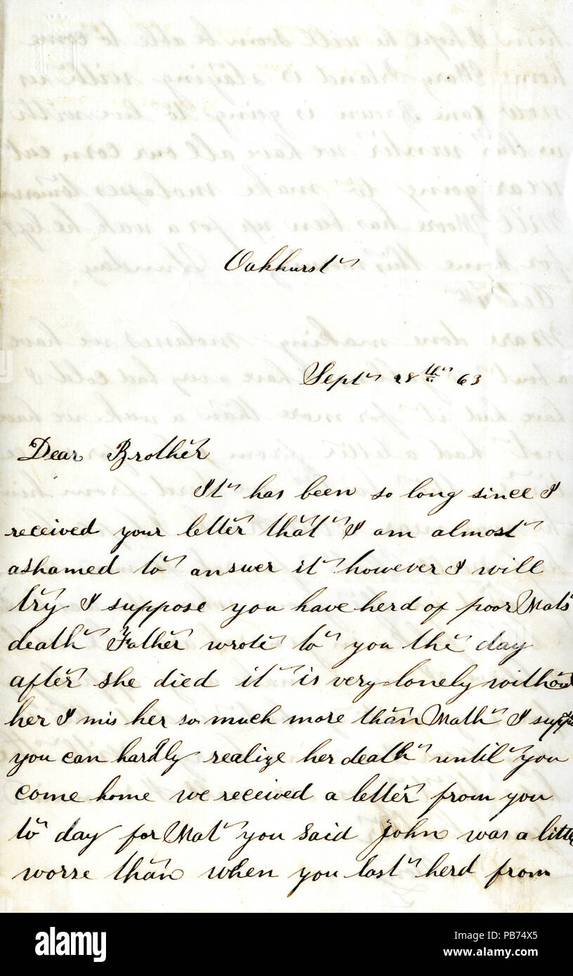 913 Letter signed Tom (Tom Tallman), Oakhurst, to his brother J.W. Tallman, September 28 and October 4, 1863 Stock Photo
